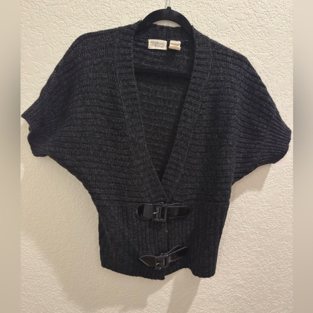 Allison Britton Charcoal Women's Short sleeve Sweater with Buckle Accents